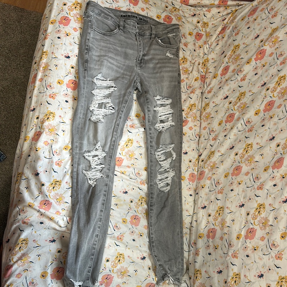 Grey American Eagle Outfitters Ripped Low Rise Jeggings